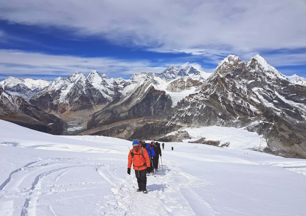 On the way to High Camp. Mt. Cho Oyu, Mt. Everest and Mount Lhotse from left to right